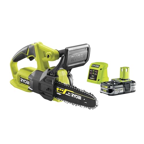 RYOBI - Motosserra elétrica compacta 18 V ONE+ 20 cm - pequena ferramenta de poda de árvores - sensor de corrente lateral - entregue com 1 bateria 2,5 Ah e 1 carregador 1,5 A - RY18CS20A-125