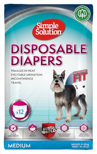 Simple Solution Fraldas descartáveis para cães femininos, ajuste super absorvente à prova de fugas, indicador de humidade 12 embalagens