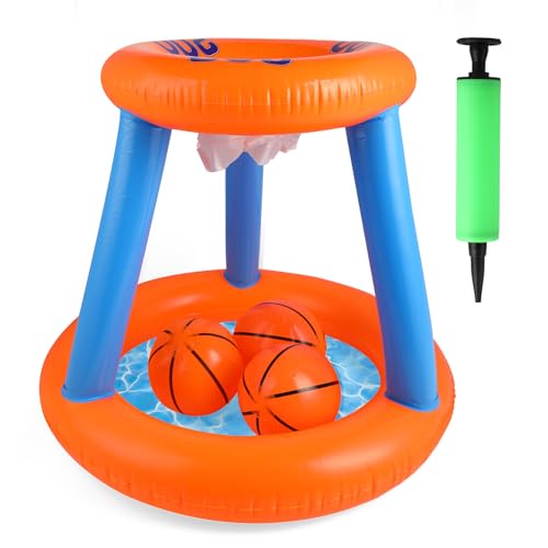 Windfromort Brinquedo insuflável de basquetebol para piscina, cesta de basquetebol insuflável com 3 bolas e bomba, aro flutuante para crianças e adultos, diversão aquática no verão