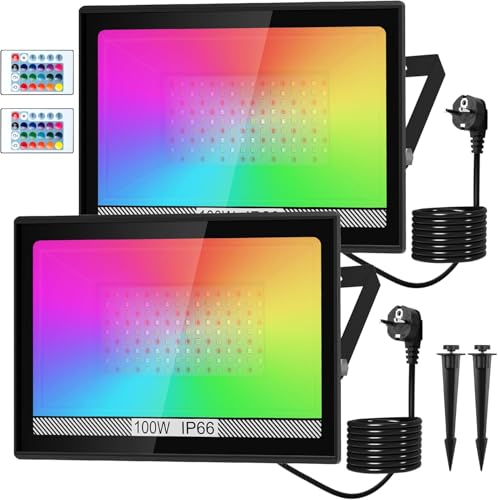 NATPOW Projetor RGB exterior LED de 100 W com controlo remoto, IP66 impermeável Floodlight que muda de cor para jardins, pátios (conjunto de 2)