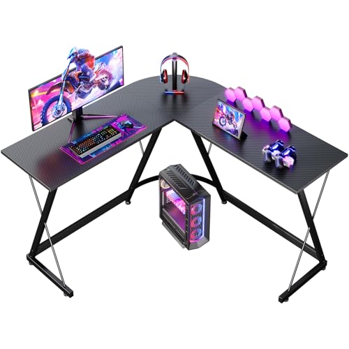 ODK Gaming Angle, mesa Gaming com suporte para monitor, mesa em L para trabalho em casa e jogo (fibra de carbono preta)