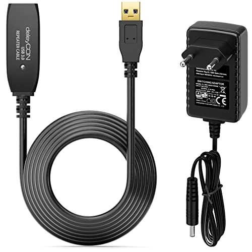 deleyCON 5 m Extensão de cabo ativo USB 3.0 e 1 amplificador de sinal e fonte de alimentação cabo reprodutor USB3.0 cabo de extensão PC computador impressora scanner
