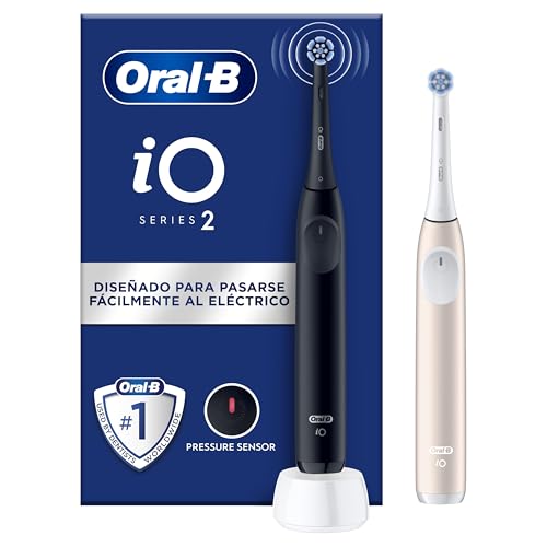 Oral-B iO 2 Pack de 2 escovas de dentes elétricas preto noite e rosa suave, 2 cabeças, 3 modos de escovagem, sensor de pressão e temporizador, desenhado por Braun