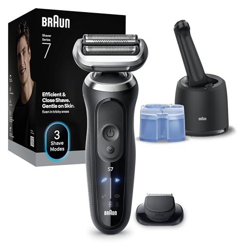 Braun Máquina de barbear elétrica homem série 7, máquina de barbear a seco e molhado, 3 modos de barbear, 60 min de uso, centro de limpeza, estojo de viagem, 72-N7200CCE, ouro