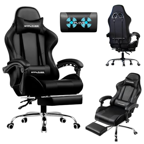 LUCKRACER Cadeira de jogos com massagem ergonómica, apoios para os pés e apoios de cabeça retro, suporte de 150 kg, escritório e casa, preto