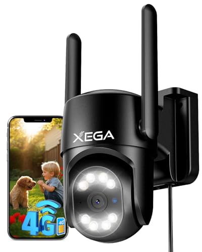 Xega 4G Câmara exterior com cartão SIM【24/7 gravação contínua: 2K PTZ câmara vigilância com cabo, rastreamento automático AI deteção humana Instanrt Alerta, IP66, cartão SIM incluído