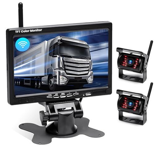 Ohradio Kit de câmara de marcha traseira sem fios com ecrã de 7 polegadas e 2 câmaras traseiras sem fios, visão noturna, impermeável IP67, para caravanas, camiões e autocarros, DC 12-36 V