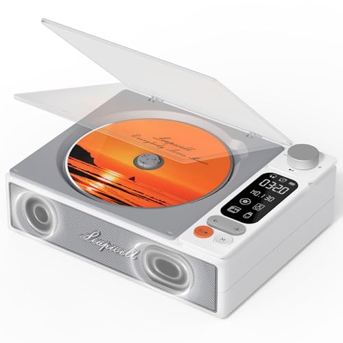 Leapwell leitor de CD portátil, leitor de CD Bluetooth altifalante HiFi integrado retro CD Player com tampa antipoeira ecrã LCD grande suporta AUX USB ótico branco