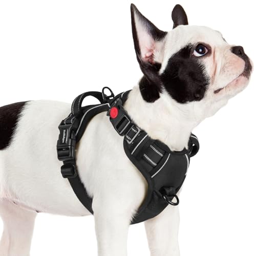 rabbitgoo Arnês para cão pequeno com 3 fivelas, libertação do pescoço, arnês ajustável com alça e clipe frontal, arnês antipuxões para cães refletores, para treino correr, preto, S
