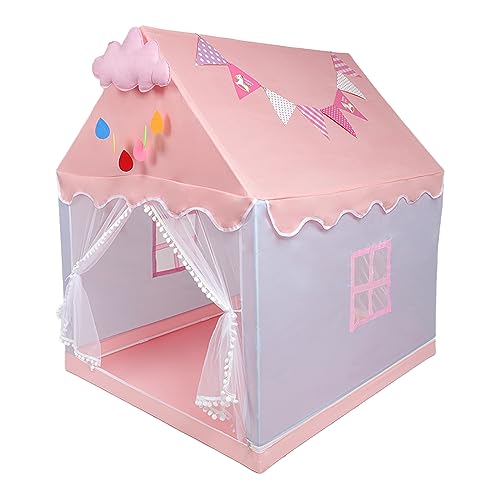 Tenda de campanha infantil para meninas, tenda para jogos para crianças interior e exterior, grande rosa tenda para crianças, com janelas nuvens e bandeiras, tenda de princesa castelo 100 × 120 × 130