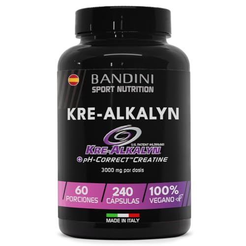 Bandini® Kre-Alkalyn® Creatina alcalina 240 cápsulas veganas, para treino, desporto, ginásio e pré-treino, para aumentar a massa muscular, força e resistência, Creatine tamponada