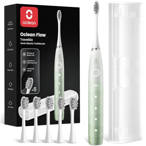 Oclean Escova elétrica sónica Flow TravelGo Set, recarrega a cada 180 dias, 5 modos, IPX7 impermeável, temporizador de 2 minutos, 6 cabeças de escova DuPont™, estojo de viagem, verde