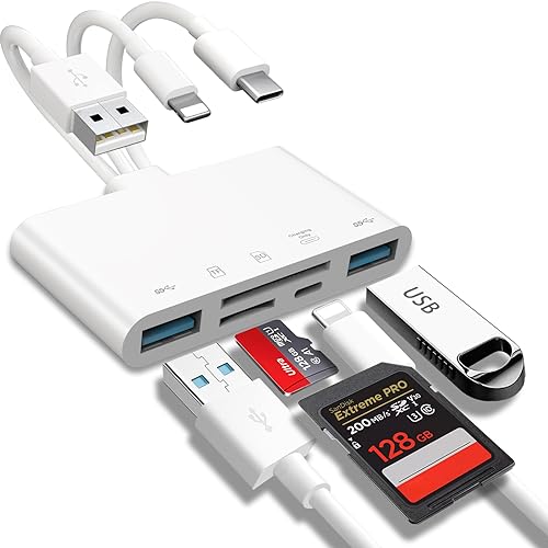 Adaptador USB OTG e leitor de cartões de memória SD, 5 em 1, para iPhone/iPad, dispositivos USB C e USB A com ranhuras para cartões micro SD e SD, suporta SDHC/SDXC/MMC
