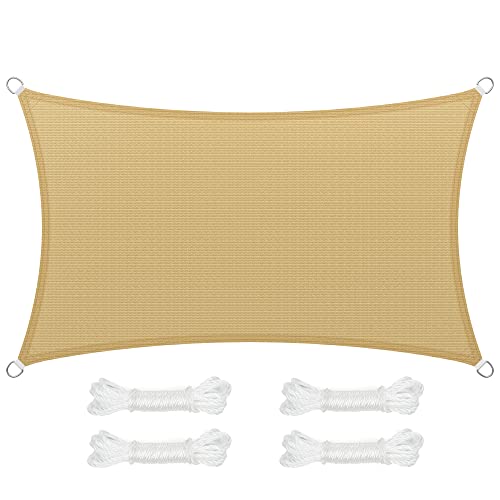 SONGMICS Vela de sombra de 3 x 5 m, tecido HDPE de proteção solar, respirável, à prova de água, retangular, côncava, cordas de 2 m, amarelo areia GSS35EYV1