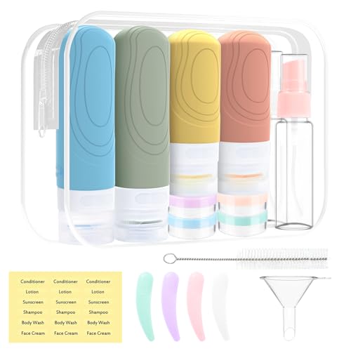 ROELLY Barcos de viagem recarregáveis de 16 peças, kit de viagem avião, garrafas de viagem de silicone, 60 ml/90 ml, sem BPA, usado em produtos de cuidados da pele, gel de banho, champô