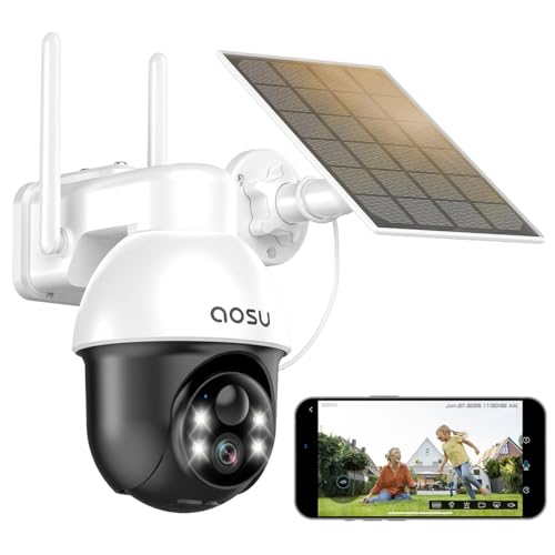 AOSU 2 K Câmara de vigilância WiFi exterior solar com bateria, 360 ° Pan&Tilt sem fios de 2,4 GHz e Bluetooth, visão noturna cor, áudio bidirecional, deteção de movimento PIR, compatível com Alexa