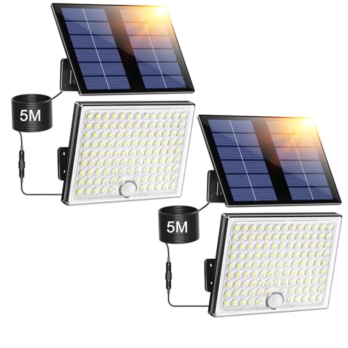 Giliwosy Focos LED exteriores solares, luz solar exterior com sensor de movimento com bateria recarregável de 2000 mAh, 4 modos, IP65 impermeável, cabo de 5 m, luzes LED para jardim, 2 peças