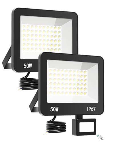 Focos LED para exterior com sensor de movimento 50 W, 2 peças 5000 LM luz LED com sensor de movimento IP67 impermeável foco LED exterior 6500 K branco frio iluminação de segurança para jardim, pátio,