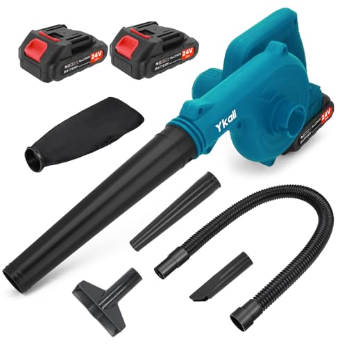Ventilador de folhas sem fios 24 V, leve e potente, com 2 baterias e carregador, ideal para jardim, pátio, garagem, relva, neve, pó e pelo de animais de estimação (azul)