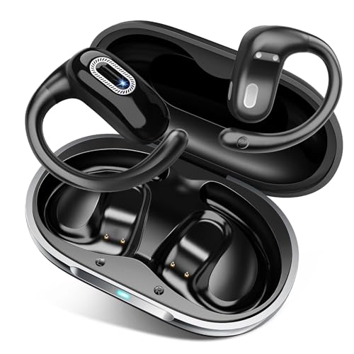 Qecnato Auriculares Open-Ear, sem fios Bluetooth 5,4 ganchos para orelhas, ajuste ligado, graves potentes, resistência à água IP7, luzes LED, controlo tátil, preto