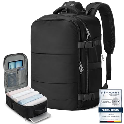Samfolk Mochila viagem cabine avião 40 x 20 x 25 mochila viagem 12 bolsos mochilas de viagem para avião separado para sapatos mala de mão, 20 L, Preto, 40 x 20 x 25, comum