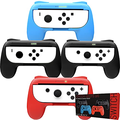 Orzly Switch Controles Grip Joy-con (Party Pack de 4 comandos compatíveis com Super Smash Bros Ultimate para Nintendo Switch) 4 comandos de aderência para jogos multiplayer (1 vermelho, 1 x azul, 2 x