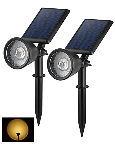 BLOOMWIN Focos LED exteriores solares - 2 pack luz solar exterior jardim branco quente impermeável IP65, candeeiros de relva, holofote projetor de chão com estaca de iluminação de jardinagem, árvores,