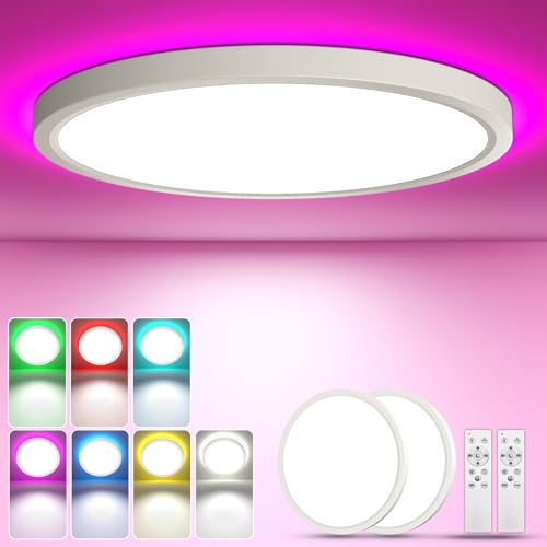 YiLaie Pack 2 x Plafon LED teto regulável 24 W 2700 LM, RGB mudança cor redonda candeeiro de teto, 3000 K-6500 K candeeiro de teto quarto, IP44 impermeável plano casa de banho, Ø 30 cm, para sala de