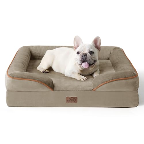Bedsure Sofá cão ortopédico médio - cama cão viscoelástico e lavável, colchão com capa removível e forro impermeável, castanho claro, M