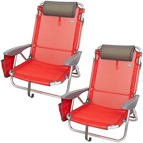 AKTIVE Pacote de 2 cadeiras dobráveis multiposições para praia, jardim, terraço ou campismo vermelho, medidas 51 x 45 x 76 cm, 4 posições, com almofada na cabeceira, inclui alça de transporte (62261)