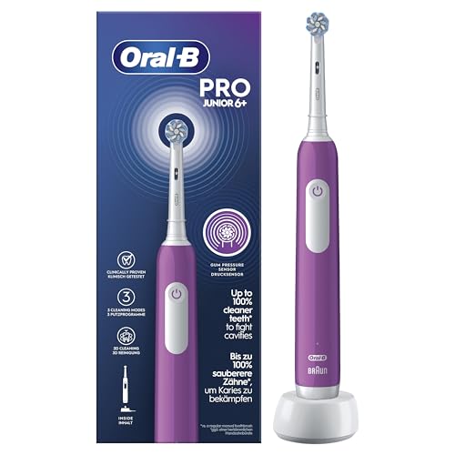 Oral-B Pro Junior Escova de dentes elétrica, 1 cabo recarregável, 1 cabeça, desenhada por Braun, adequada para crianças com mais de 6 anos - roxo