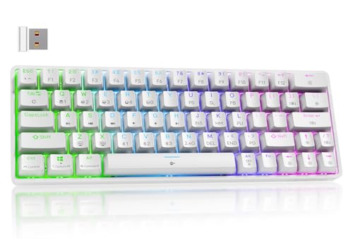 Dierya Teclado mecânico Gamer sem fios 60% DK63 com Bluetooth/2,4 G/Type-C, Blue Switch Gaming Mechanical RGB Keyboard, teclado ultra compacto 68 teclas para PC/Win/Mac, QWERTY, branco