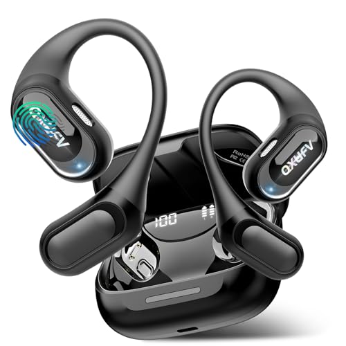 QXUFV Auriculares de orelha aberta, capacetes sem fios Bluetooth com micro HD, baixos pulsantes, reprodução de e controlo tátil, impermeável, auriculares desportivos gancho confortável, corrida, preto