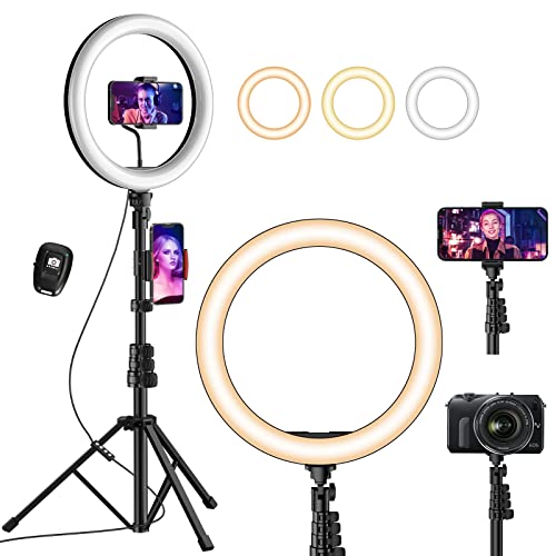 UPhitnis 12" Aro de luz com tripé para telemóvel TIK Tok anel de luz com controlo remoto 3 modos 10 blocos reguláveis para maquilhagem, Selfie, streaming, Youtube, USB