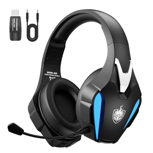 PHOINIKAS Auriculares Gaming sem fios, capacetes Gaming para PS4/PS5/PC, capacetes sem fios com microfone cancelamento de ruído removível, 7,1 estéreo, luz LED (azul