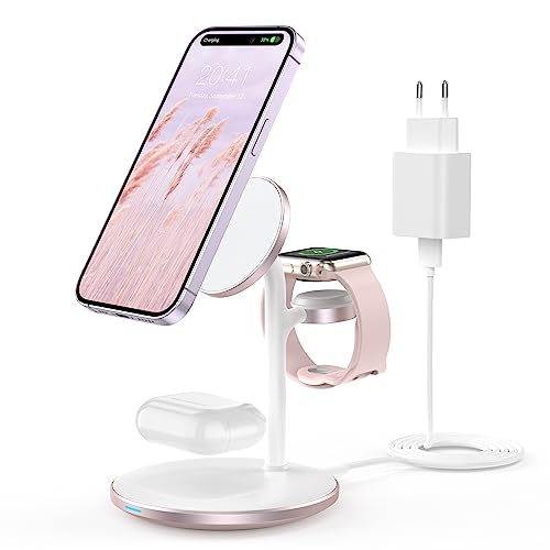 Estação de carregamento indutiva, carregador de estação de carregamento sem fios 3 em 1, carregador sem fios compatível com carregador mag Safe para iPhone 16 15 14 Pro MAX/Plus Apple Watch Ultra 8