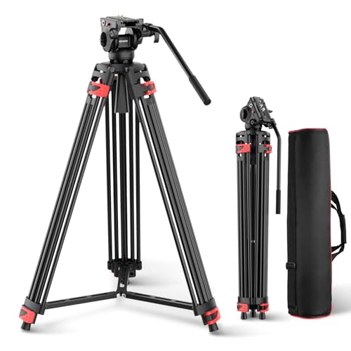 NEEWER Básico 74" tripé vídeo com cabeça fluida, tripé câmara de metal com amortecimento, espalhador de nível médio, placa de libertação rápida, compatível com Manfrotto 501, carregamento máximo 17,6