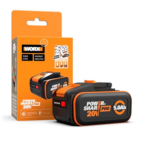 WORX PowerShare Pro WA3645 Bateria recarregável de iões de lítio (20 V, 5,0 Ah, maior segurança e maior tempo de funcionamento, com indicador LED, flexível, combinado até 40 V e 80 V, adequada