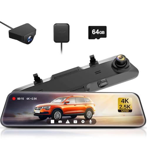 WOLFBOX G900 Retrovisor Dash CAM Carro com câmara 4K + 2,5 K, 12" espelho câmara vigilância carro, frente e traseira Dashcam com WDR, visão noturna, sensor G, cartão de 64 GB e GPS