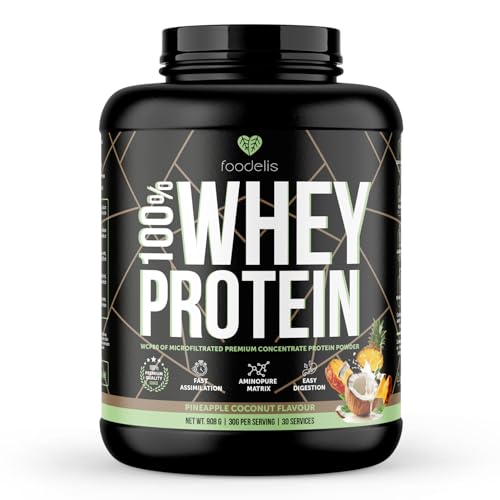Foodelis 100% Whey Protein | Proteína de soro premium com glutamina natural e perfil completo de aminoácidos, máxima absorção e fácil digestão, sabor abacaxi colada, 908 g - 30 Doses