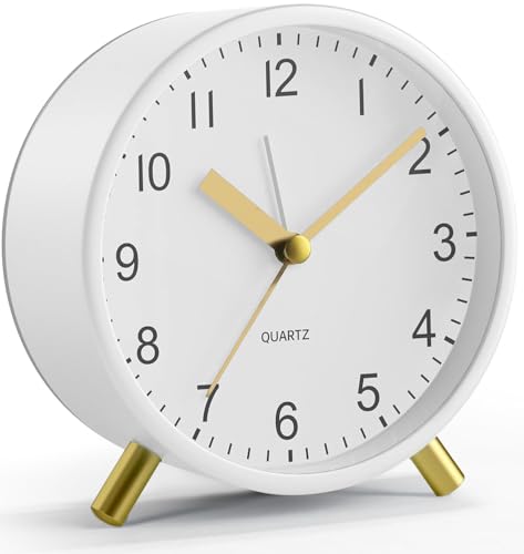YouJabz Relógio despertador analógico, super silencioso sem tiquetaque com luz noturna, funciona com bateria, relógio despertador de metal redondo moderno para escritório, quarto, idosos, adultos,