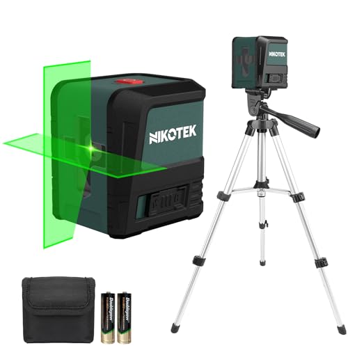 Nikotek Nível laser com tripé, automático verde laser de linhas cruzadas horizontais e verticais para decoração de casa bolsa de transporte, 2 x bateria incluída IP54