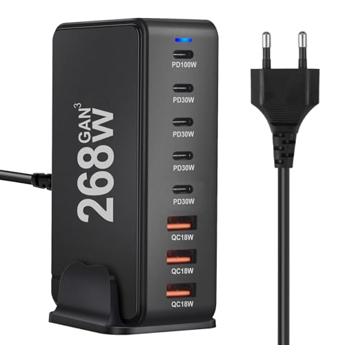 AXFEE Carregador USB C, 268 W 8 portas, bloco de carregamento rápido, três USB-A 5 x USB-C carregador Quick Charge, conector de parede multiportas, compatível com MacBook Pro/HP