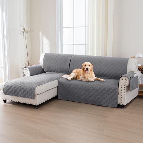 BellaHills Capa sofá Chaise Long, capa sofá 3 praças, capas sofá haise braço esquerdo, 100% capa sofá impermeável forma de L 247 cm, cinzento