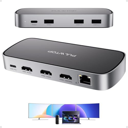 PULWTOP Estação de acoplamento 9 em 1, USB C com ecrã triplo, hub USBC com 3 HDMI@4K30Hz, Gigabit Ethernet, USB C/A 10 Gbps, 2 x USB 2.0, 100 W PD para M1/M2/M3 MacBook/DELL/HP/i. Phone 15, etc