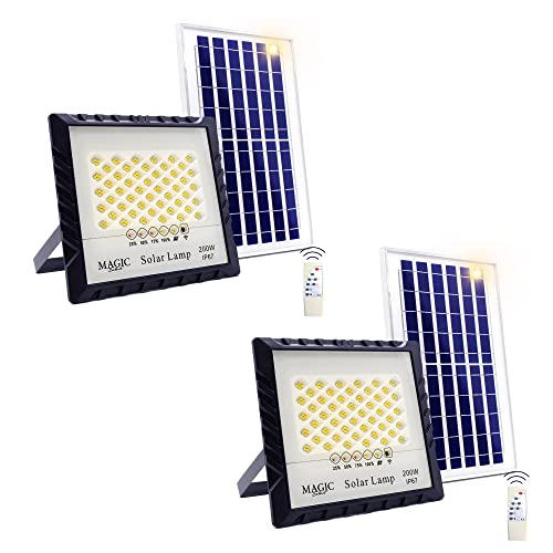 2 x holofote projetor de 200 W 200 LED com painel solar fotovoltaico, controlo remoto e sensor de ignição automática. Foco solar IP67 com luz branca, iluminação de exterior, pátio, jardim, caminho,