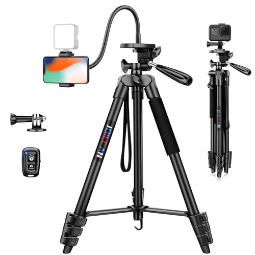 JOILCAN 172 cm Tripé para telemóvel com pescoço de cine, tripé extensível câmara portátil de alumínio, tripé móvel com controlo remoto e sobreaquecimento de telefone, tripé leve para iPhone/Android