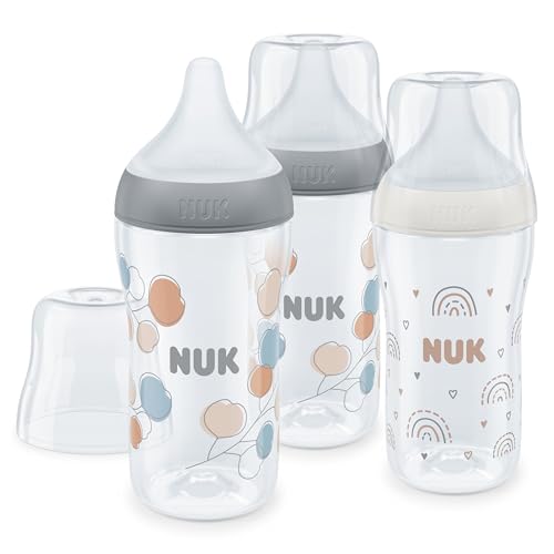 Conjunto de biberões Perfect Match da NUK + 3 meses | adapta-se ao paladar, controlo de temperatura, ventilação anticólica, 260 ml, sem BPA, tetina de silicone média, arco-íris e ramo, 3 unidades.