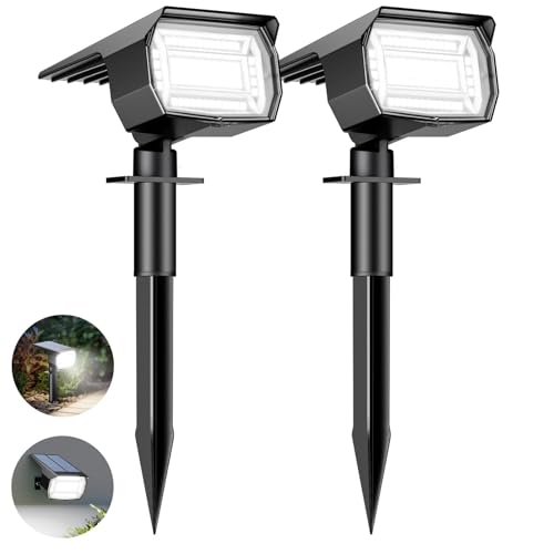 Btfarm Luzes solares LED exterior jardim [2 embalagem / 72 LED], holofotes LED exteriores solares poderosos à prova de água IP65 candeeiro luz solar exterior iluminação para chão exterior, branco frio