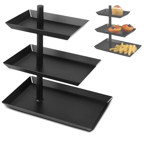 QGGTQG Suporte de frutas preto com 3 níveis, 3 andares, de metal, giratório 360°, cesta de pão de aço, bandeja para servir sobremesas, bolos, queijo, frutas